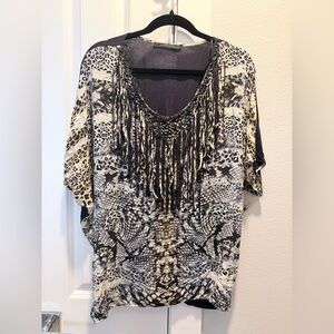 Lauren Vidal 100% Silk + Cotton Animal Print Fringe Blouse